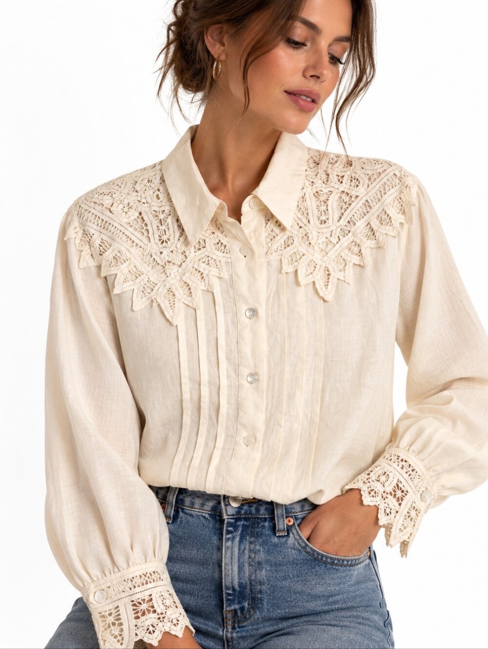 Vintage Bob Mackie 100% Linen Lace Blouse Ivory Romantic Western Size 10